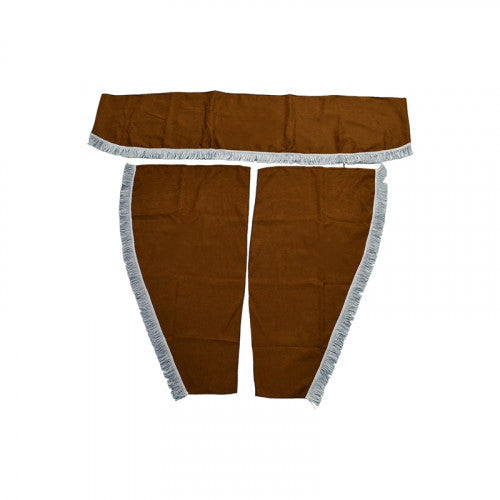 3-Piece Truck Curtain Set, Brown with White Tassels for Front Windshield and Side Windows