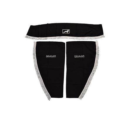 Jeu de rideaux pour camion adapté pour MAN – 3 pièces, noir avec franges blanches et logo