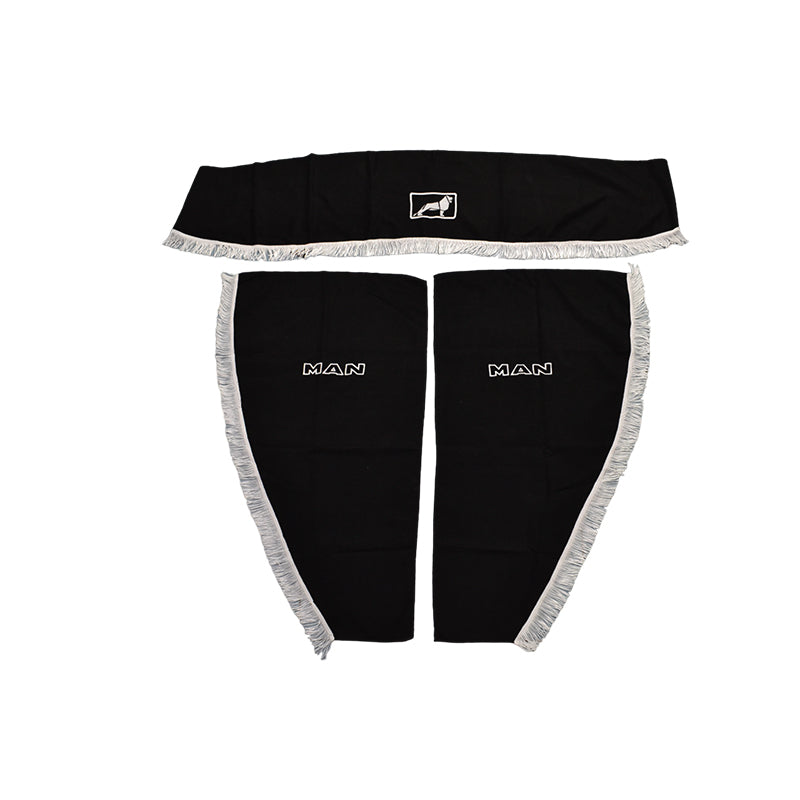 Jeu de rideaux pour camion adapté pour MAN – 3 pièces, noir avec franges blanches et logo