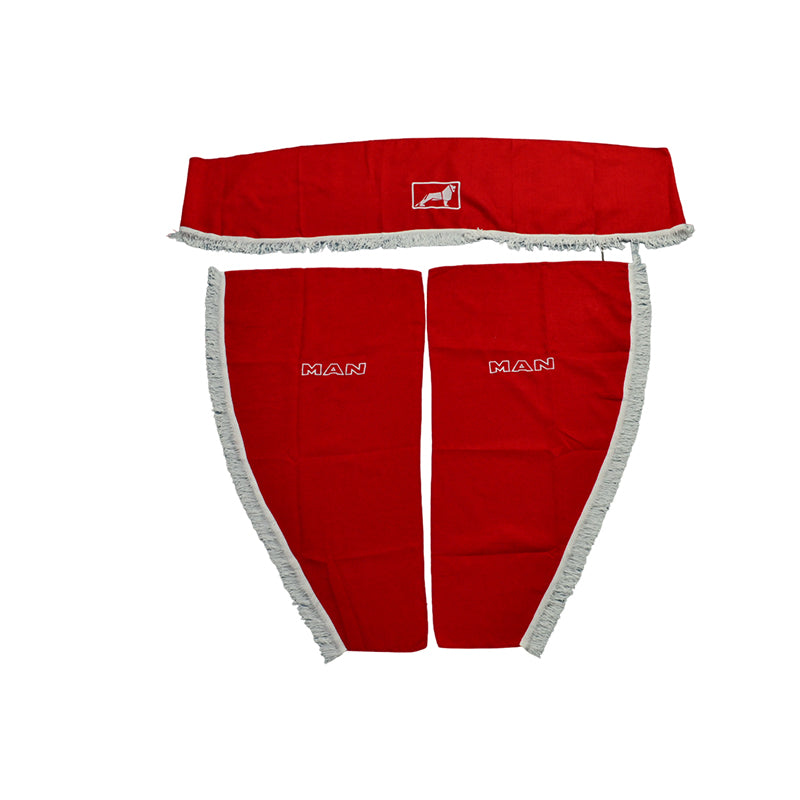 Jeu de rideaux pour camion adapté pour MAN – 3 pièces, rouge avec franges blanches et logo