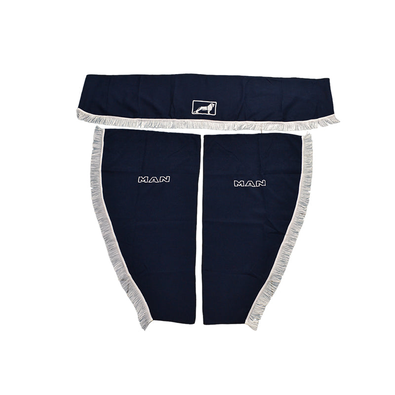Rideaux de camion adaptés pour MAN – Jeu bleu 3 pièces avec frange blanche et logo