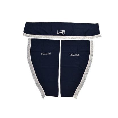 Rideaux de camion adaptés pour MAN – Jeu bleu 3 pièces avec frange blanche et logo