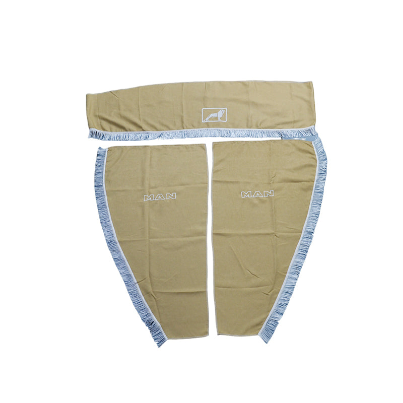 Jeu de rideaux pour camion adapté pour MAN – 3 pièces beige avec pompons blancs et logo