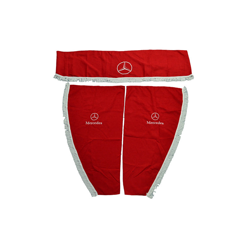 Jeu de rideaux pour camion adapté pour Mercedes – 3 pièces, rouge avec frange blanche et logo
