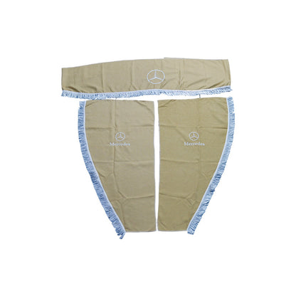 Lkw-Gardinensatz – 3-teilig Beige geeignet für Mercedes Lkw mit weißen Fransen und Logo