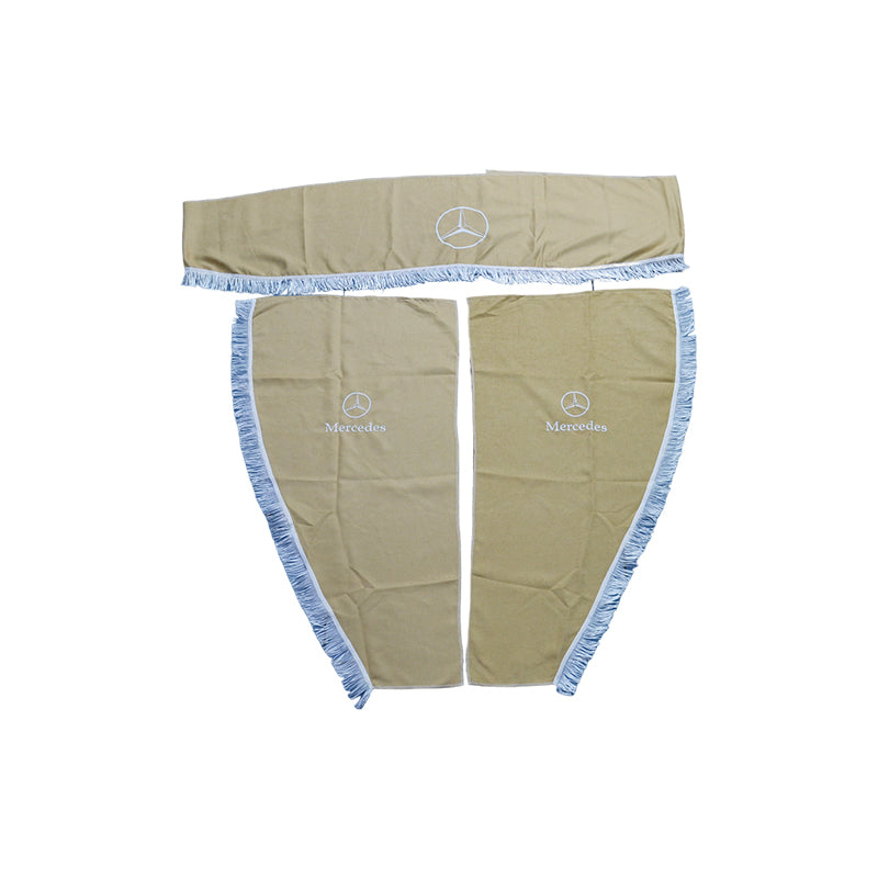 Lkw-Gardinensatz – 3-teilig Beige geeignet für Mercedes Lkw mit weißen Fransen und Logo