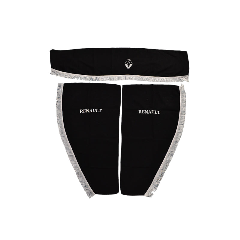 Завеси за кабина на камион – подходящи за Renault, 3-частен комплект, черни с бяла ресна, с лого дизайн