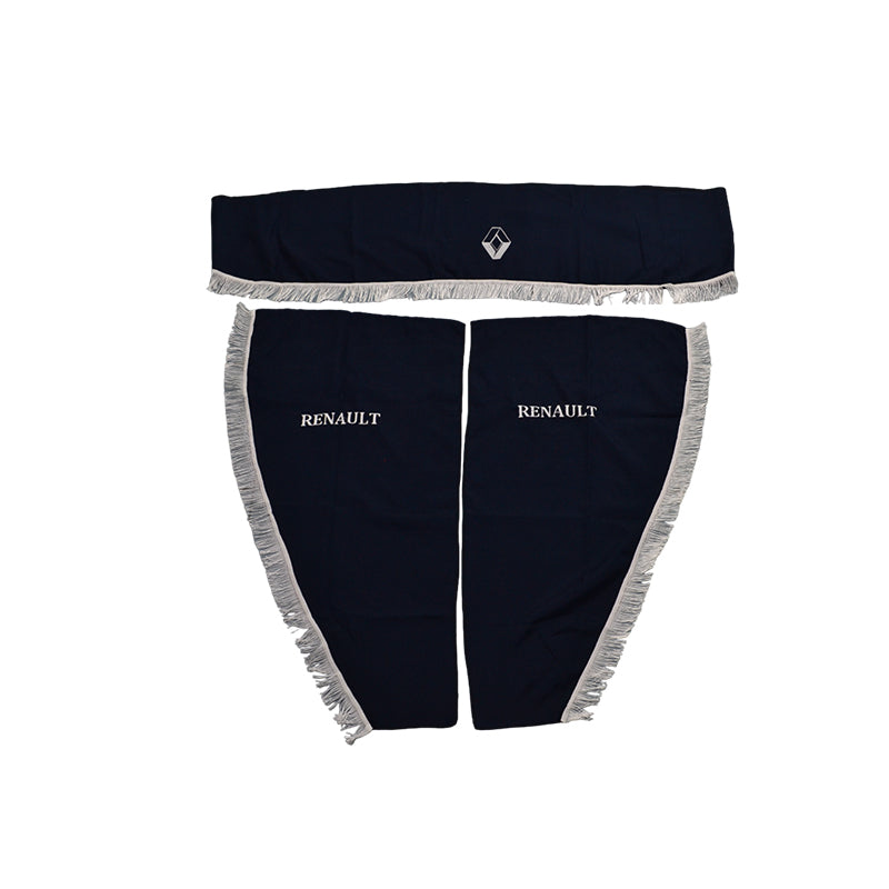 Rideaux de camion adaptés pour Renault – jeu de 3 pièces, bleu avec pompons blancs et logo
