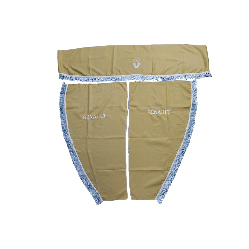 Rideaux de camion adaptés pour Renault – ensemble beige 3 pièces avec glands blancs et logo