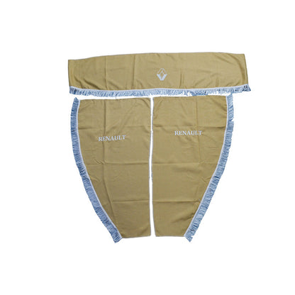 Rideaux de camion adaptés pour Renault – ensemble beige 3 pièces avec glands blancs et logo