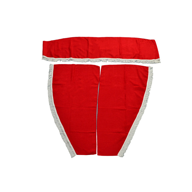 Jeu de rideaux intérieurs adapté pour camions Scania – 3 pièces, rouge avec franges blanches