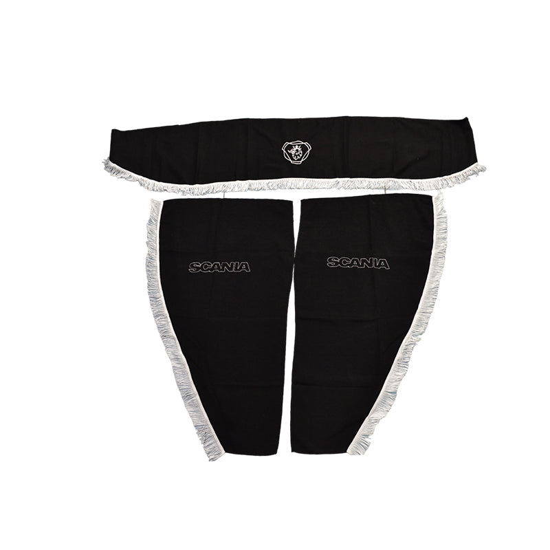 Rideaux pour camion adaptés pour Scania – jeu 3 pièces, noir avec glands blancs, emblème