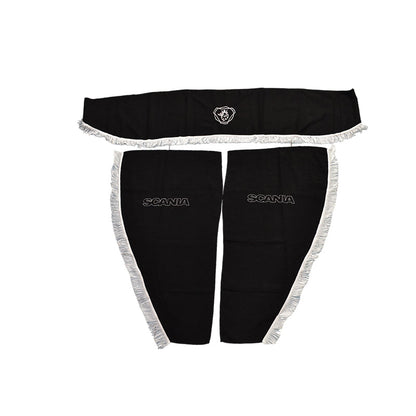 Rideaux pour camion adaptés pour Scania – jeu 3 pièces, noir avec pompons blancs, emblème