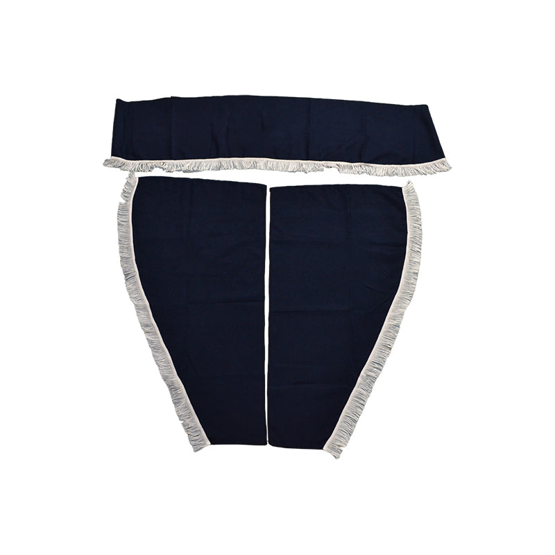 Jeu de rideaux de camion adapté pour Scania – 3 pièces, bleu avec pompons blancs