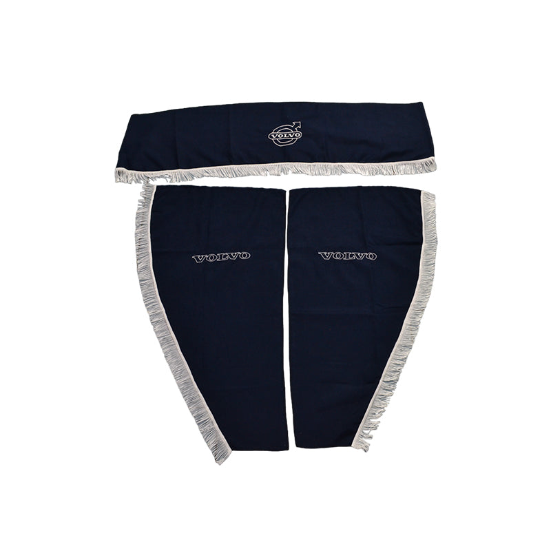 Jeu de rideaux de cabine pour camion – adapté pour Volvo, 3 pièces, bleu avec pompons blancs, avec emblème