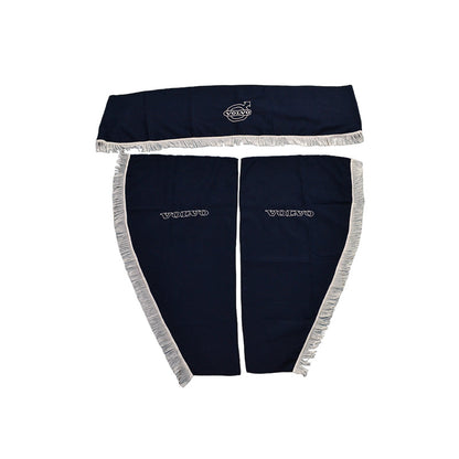 Jeu de rideaux de cabine pour camion – adapté pour Volvo, 3 pièces, bleu avec pompons blancs, avec emblème