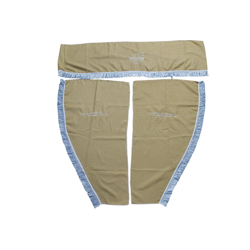 Rideaux de cabine pour camion adaptés pour Volvo – jeu beige 3 pièces avec glands blancs et emblème