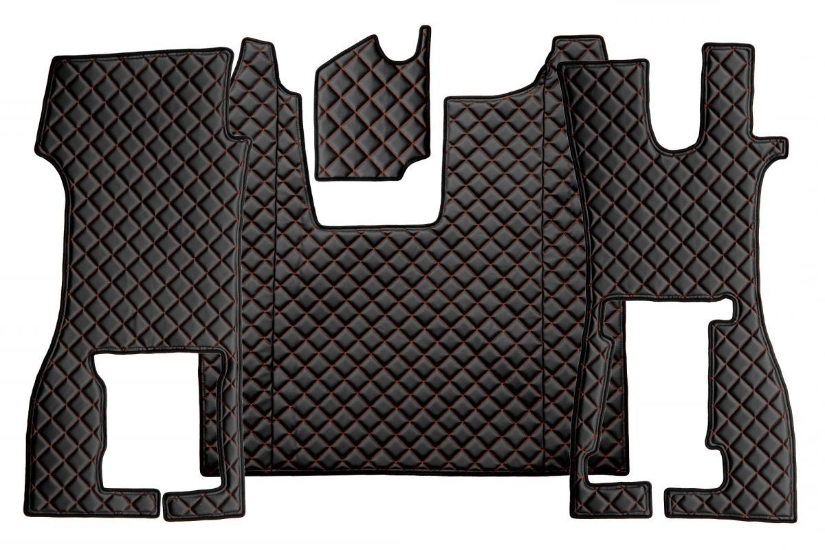 Jeu de tapis de sol en cuir synthétique (éco-cuir) – adapté pour Scania R, volant à droite, noir avec surpiqûres rouges