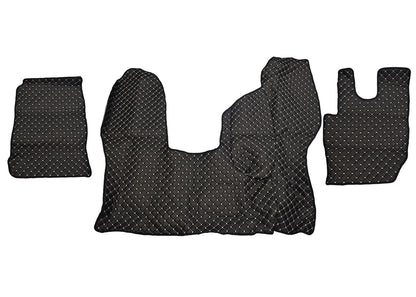 Tapis de sol en cuir synthétique (éco-cuir) pour conduite à droite – adapté pour DAF CF Euro 6 boîte automatique, noir avec surpiqûres blanches