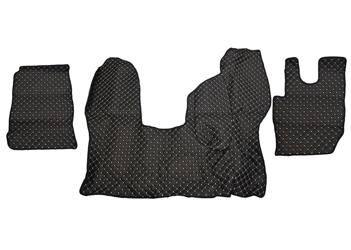 Tapis de sol en cuir synthétique (éco-cuir) pour conduite à droite – adapté pour DAF CF Euro 6 boîte automatique, noir avec surpiqûres blanches