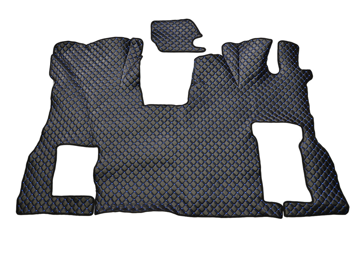 Tapis de sol en cuir – adapté pour Scania S Flat Floor, conduite à droite, siège passager rabattable, noir avec surpiqûres bleues, 2016+
