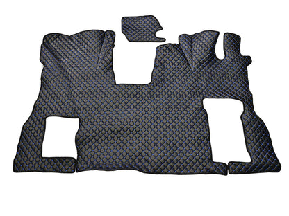 Tapis de sol en cuir – adapté pour Scania S Flat Floor, conduite à droite, siège passager rabattable, noir avec surpiqûres bleues, 2016+