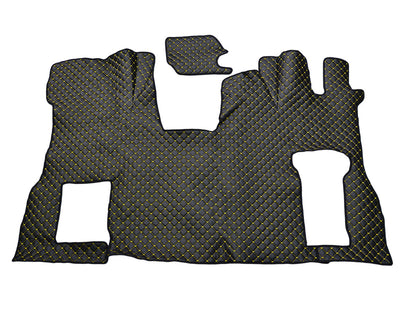 Tapis de sol en cuir synthétique (éco-cuir) – conduite à droite, adapté pour Scania S Flat Floor avec siège passager rabattable, noir avec surpiqûres jaunes, 2016+