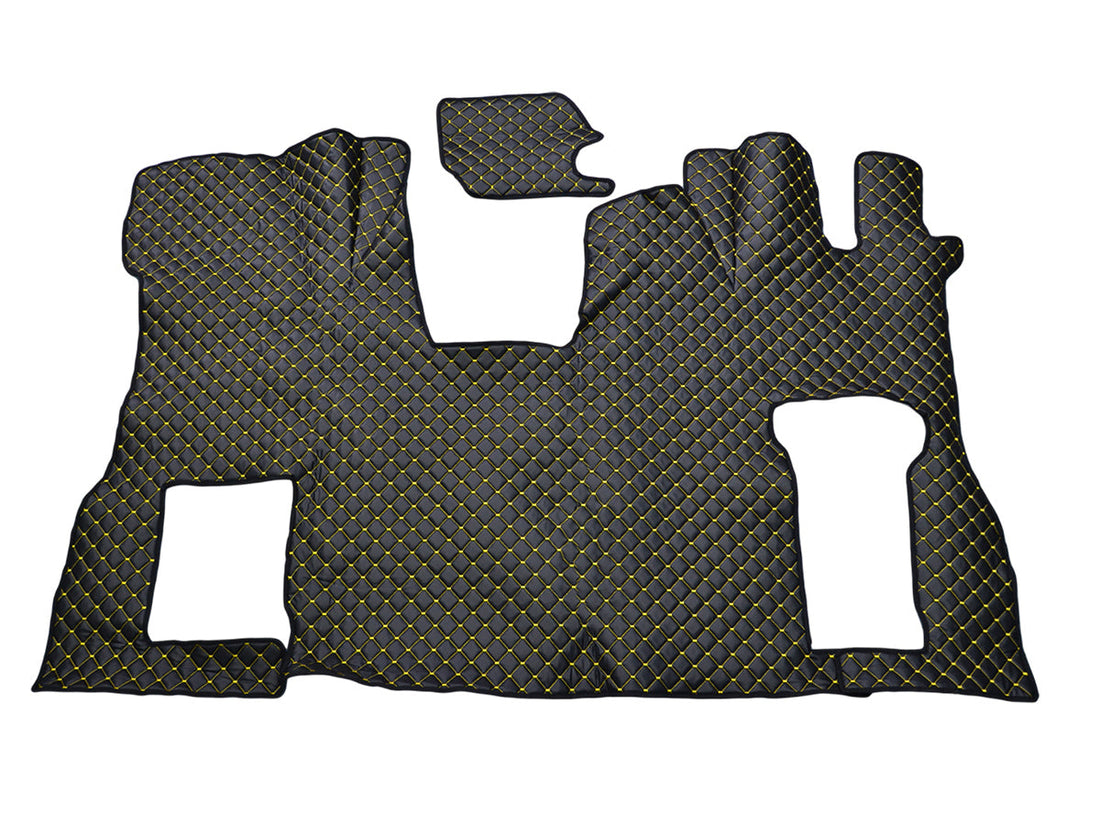 Tapis de sol en cuir synthétique (éco-cuir) – conduite à droite adapté pour Scania S Flat Floor avec siège passager rabattable, noir avec surpiqûres jaunes, 2016+