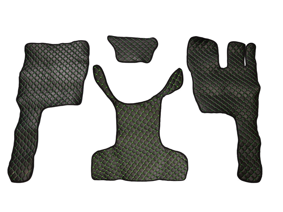Tapis de sol en cuir synthétique (éco-cuir) noir pour conduite à droite – surpiqûres vertes adapté pour Volvo FM4 (2013+)