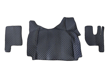Tapis de sol en cuir synthétique (éco-cuir) noir – adapté pour Renault Gama T Tunnel, conduite à droite, surpiqûres bleues