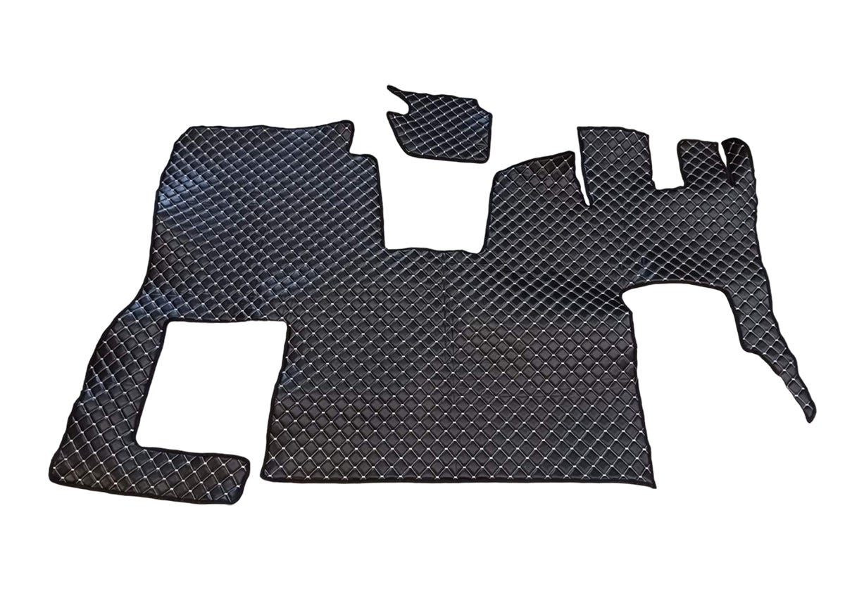 Tapis de sol en cuir synthétique (éco-cuir) noir – conduite à droite, surpiqûres blanches, adapté pour Scania S 2020+ avec siège passager rabattable