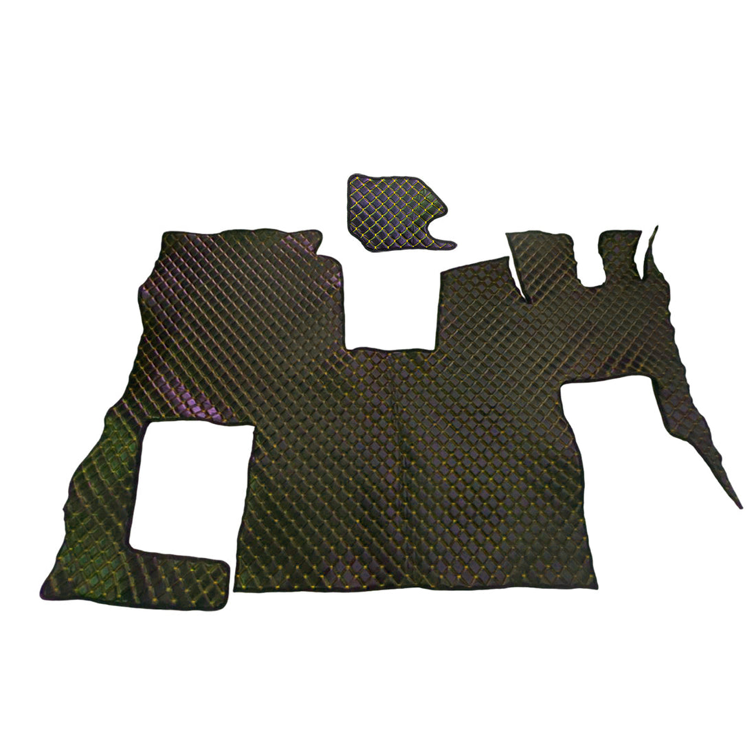 Πατάκια δαπέδου καμπίνας από μαύρο τεχνητό δέρμα (eco leather) για δεξιά θέση οδήγησης – κίτρινη ραφή, κατάλληλο για Scania S 2020+ με αναδιπλούμενο κάθισμα συνοδηγού