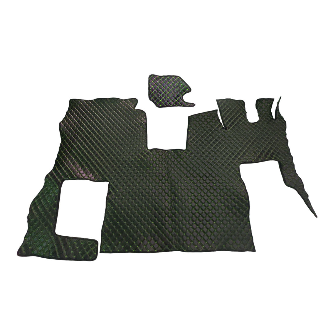 Πατάκια δαπέδου από μαύρο τεχνητό δέρμα (eco leather) για δεξιοτίμονο όχημα – πράσινη ραφή, κατάλληλο για Scania S 2020+ με αναδιπλούμενο κάθισμα συνοδηγού