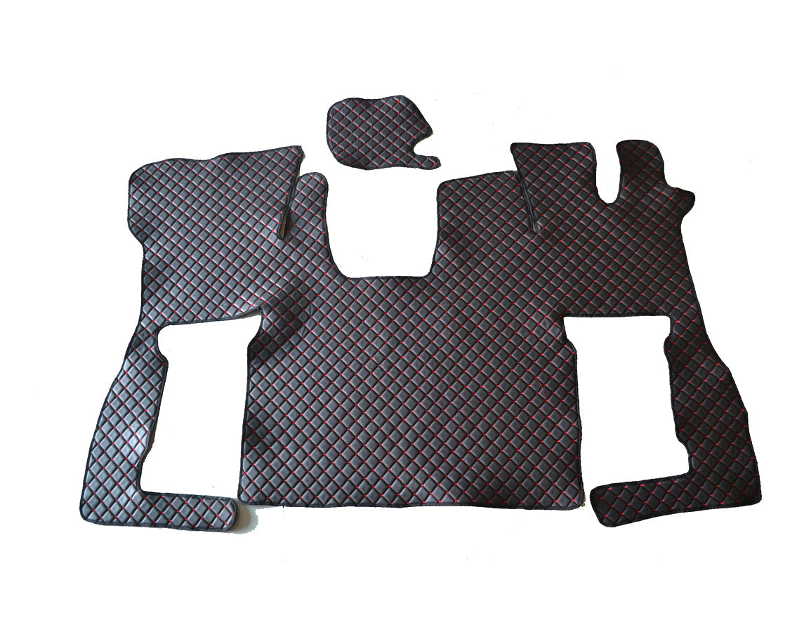 Tapis de sol en cuir synthétique (éco-cuir) noir – adapté pour Scania S 2016+, conduite à droite, surpiqûres rouges