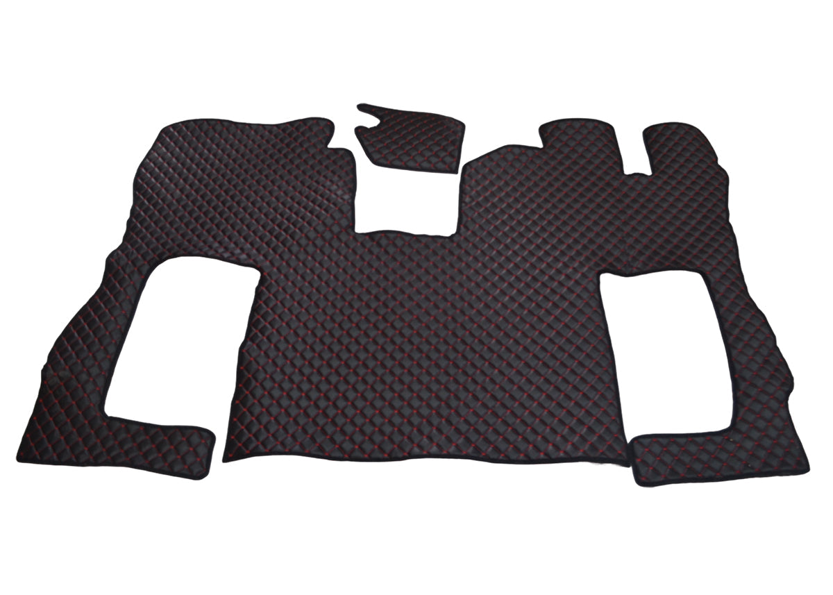 Tapis de sol noirs en cuir synthétique (éco-cuir) – adapté pour Scania S 2020+, conduite à droite, surpiqûres rouges