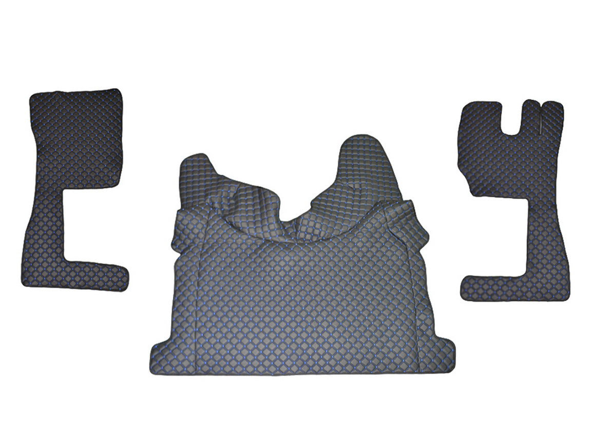 Tapis de sol en cuir synthétique (éco-cuir) noir pour conduite à droite – adapté pour Volvo FH 2013+, surpiqûres bleues
