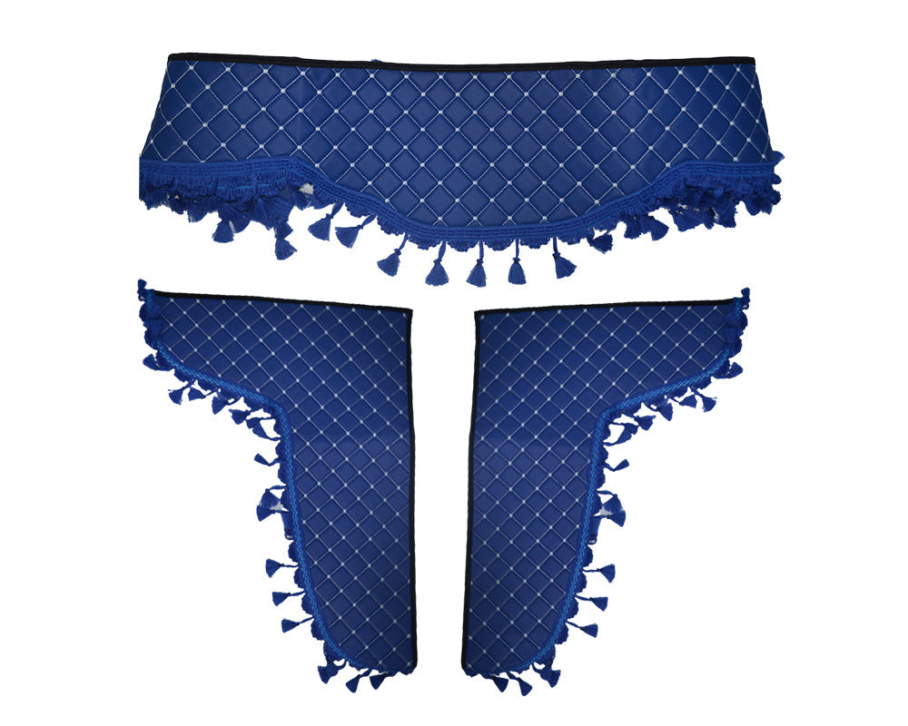 Jeu de rideaux à franges bleu en cuir – trois pièces, surpiqûres blanches, largeur avant 230 cm