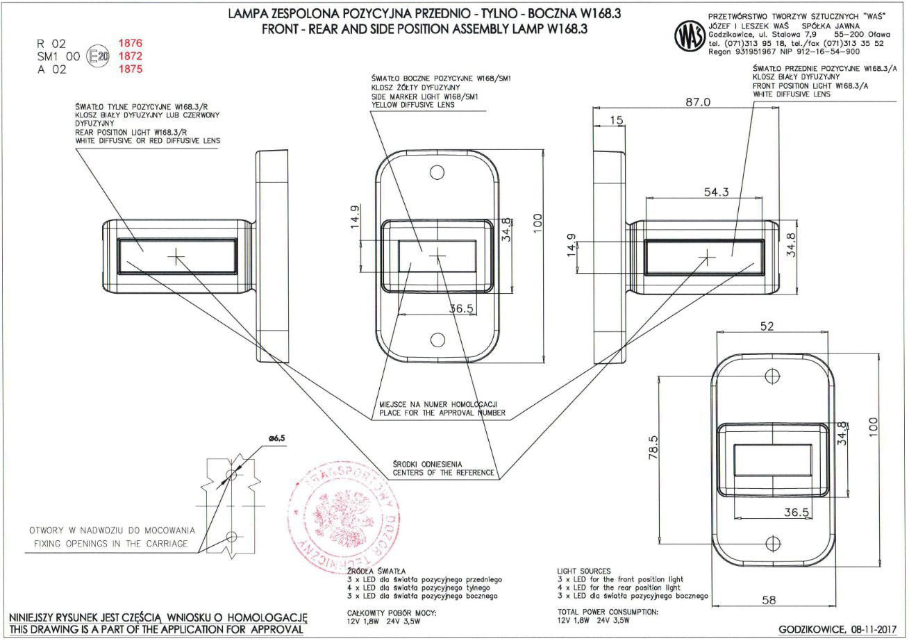 Тройна неонова габаритна лампа, червена/бяла/жълта, 12/24V, 87×100×52 mm