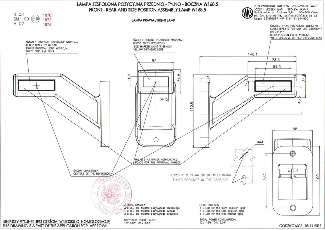 Triple LED Horn Marker Lamp, Right-Side, Neon Red/White/Yellow, 12/24V