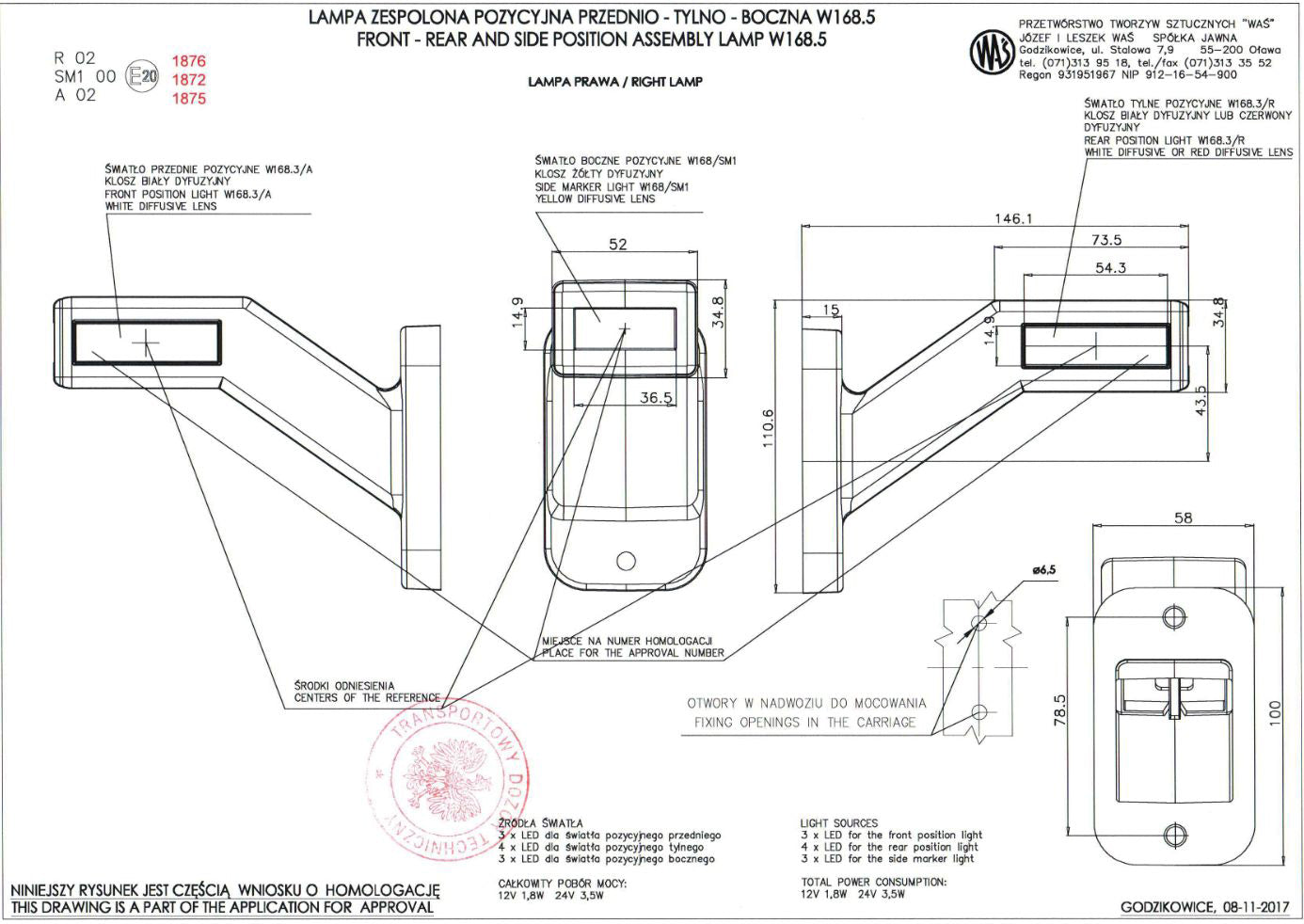 Dreifach-LED-Horn-Positionsleuchte, rechte Seite, Neon Rot/Weiß/Gelb, 12/24 V