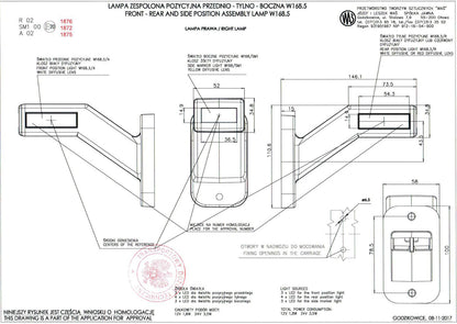 Dreifach-LED-Horn-Positionsleuchte, rechte Seite, Neon Rot/Weiß/Gelb, 12/24 V