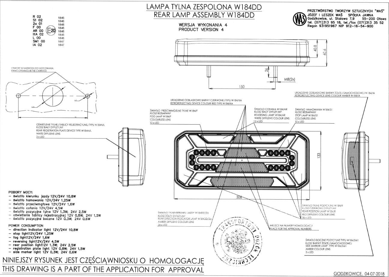 Feu arrière combiné gauche à LED néon avec clignotant dynamique et catadioptre triangulaire, 12/24 V, 306 x 133 x 60 mm