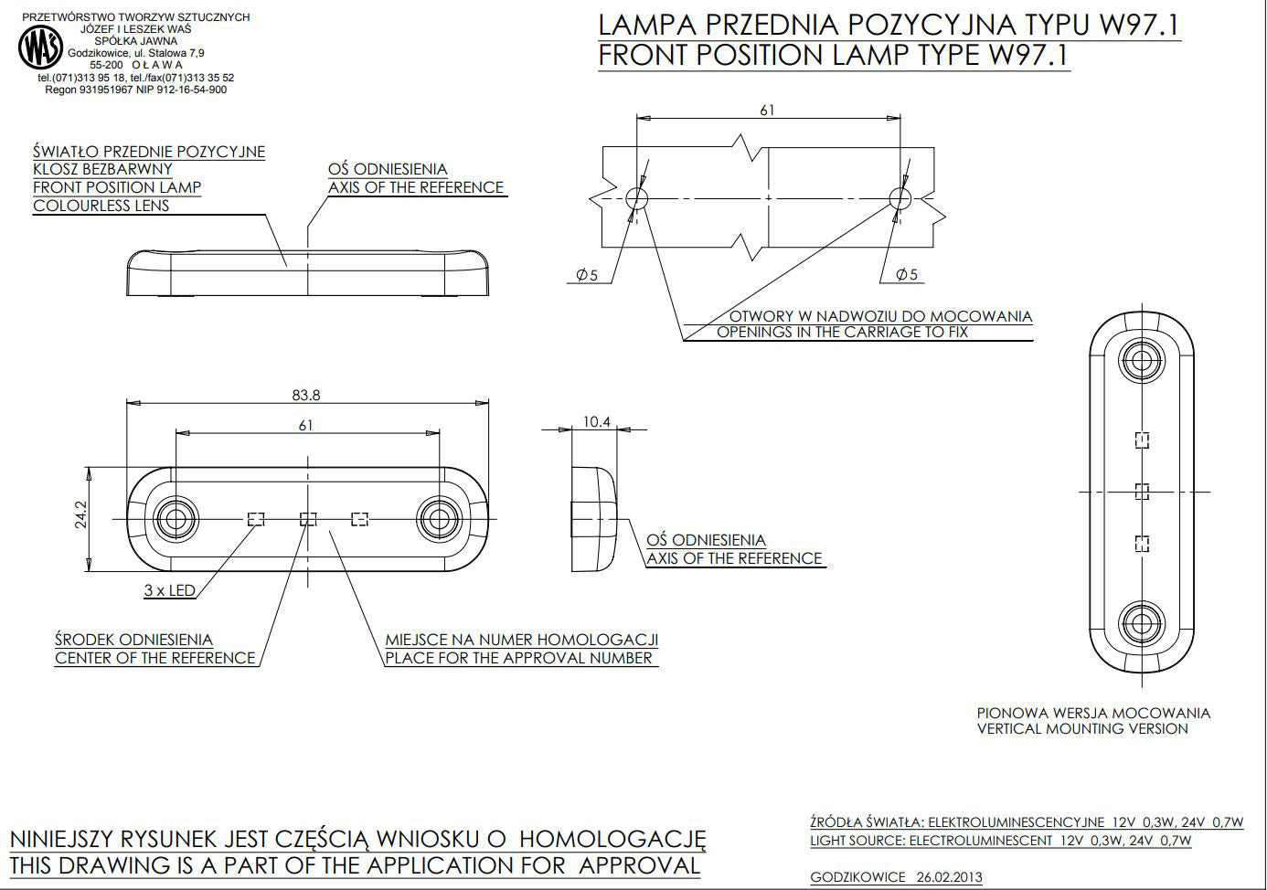 Бяла LED габаритна светлина – 3 LED диода, 12/24 V, 83×24×10 mm, междуосие на болтовете 61 mm