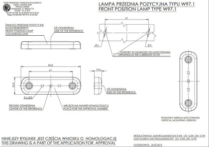 Бяла LED габаритна светлина – 3 LED диода, 12/24 V, 83×24×10 mm, междуосие на болтовете 61 mm