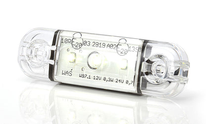 Бяла LED габаритна светлина – 3 LED диода, 12/24 V, 83×24×10 mm, междуосие на болтовете 61 mm