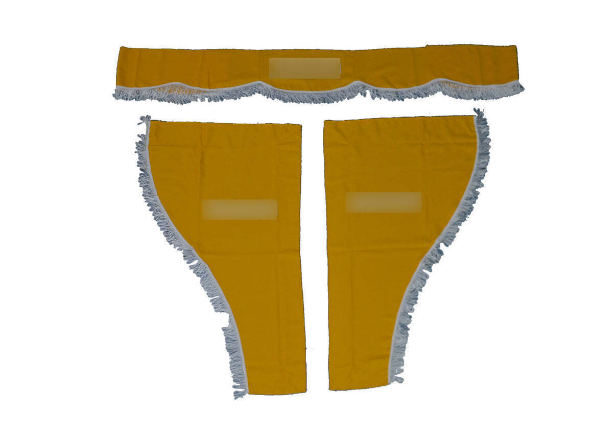 Jeu de rideaux pour camion adapté pour MAN – 3 pièces, jaune avec pompons blancs