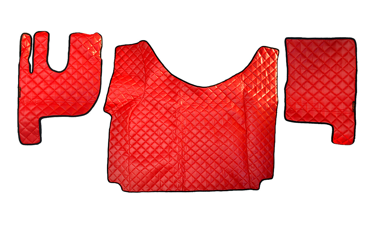 Tapis de sol rouge en cuir synthétique (éco-cuir) – adapté pour tunnel Renault Gama T, surpiqûres rouges